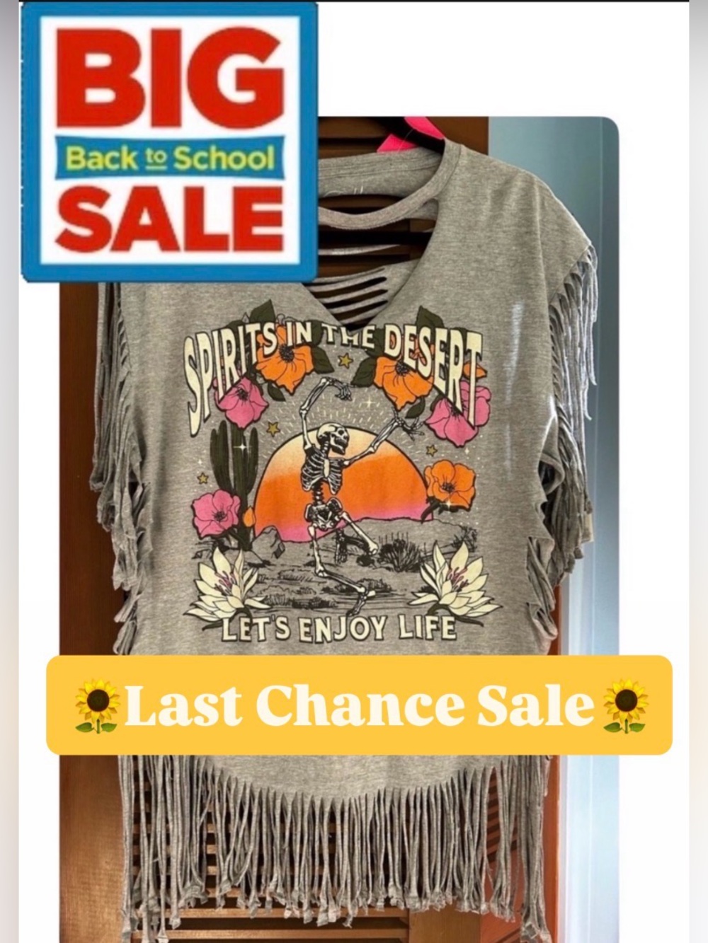 🌻Fringe Crop Top w/Sunset Skeleton-Spirits in the Sky-size XL